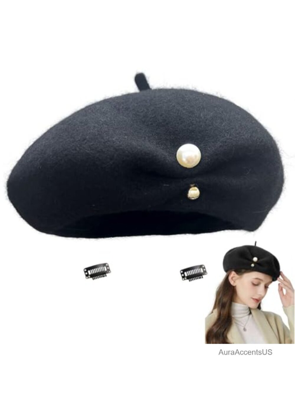 Wool Blend French Beret Hat with Pearl Brooch Classic Artist Style
